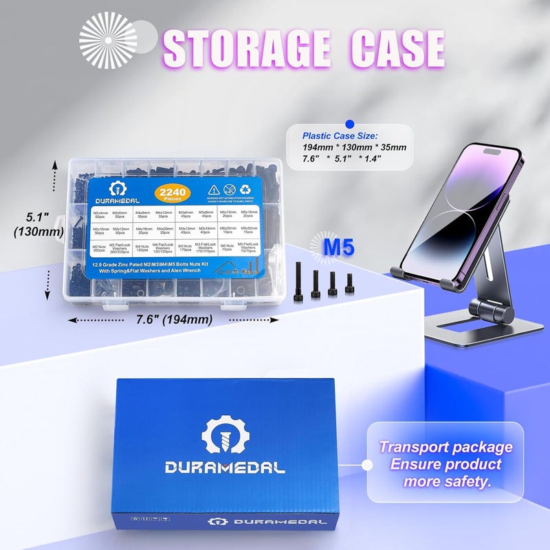 Duramedal 2240PCS Metric Screw Assortment,M2-M5 Metric Screw Kit, Hex Socket Metric Bolts, Metric Machine Screws 12.9 Grade Alloy Steel,Black Zinc Plated,Free Allen Head Wrench - Image 3